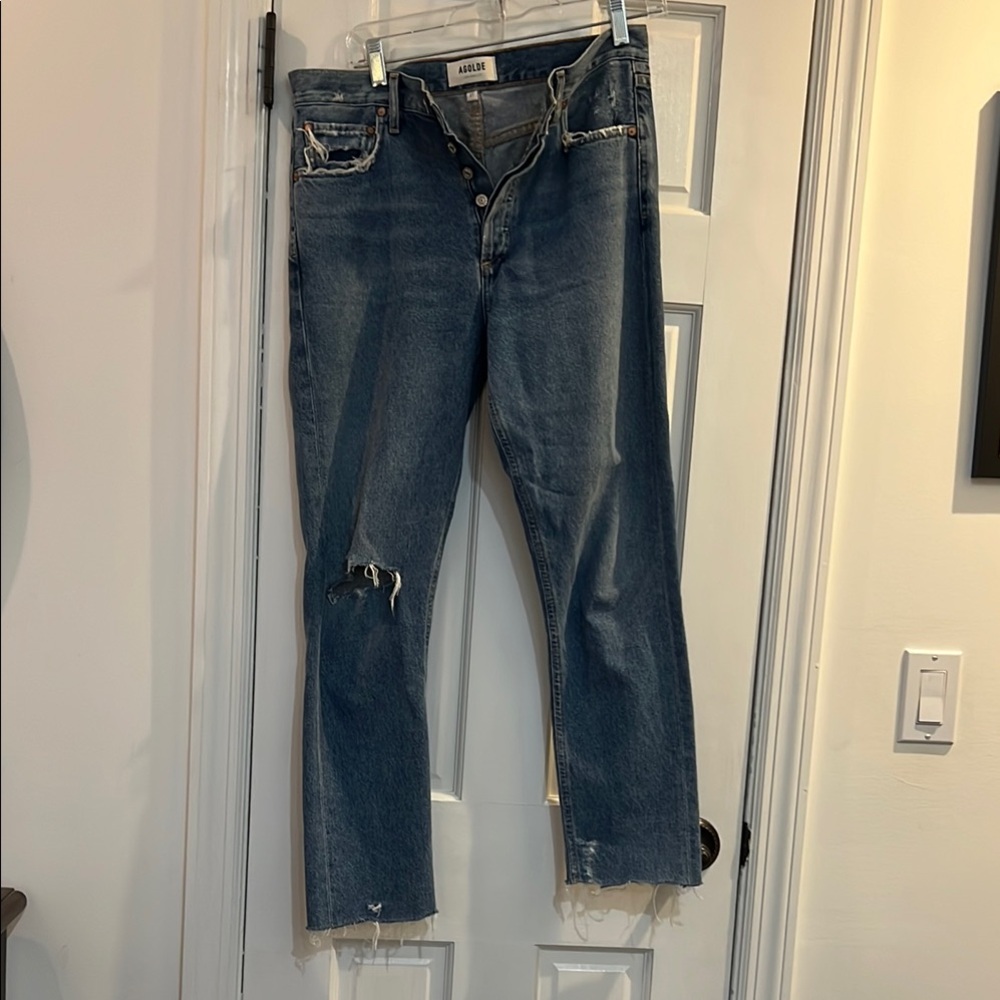 Agolde Blue Straight Leg Jeans with Distressed Details